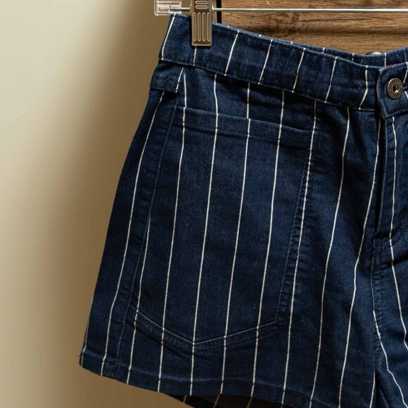 High Rise Navy and White Striped Denim Shorts - Picture 3 of 10